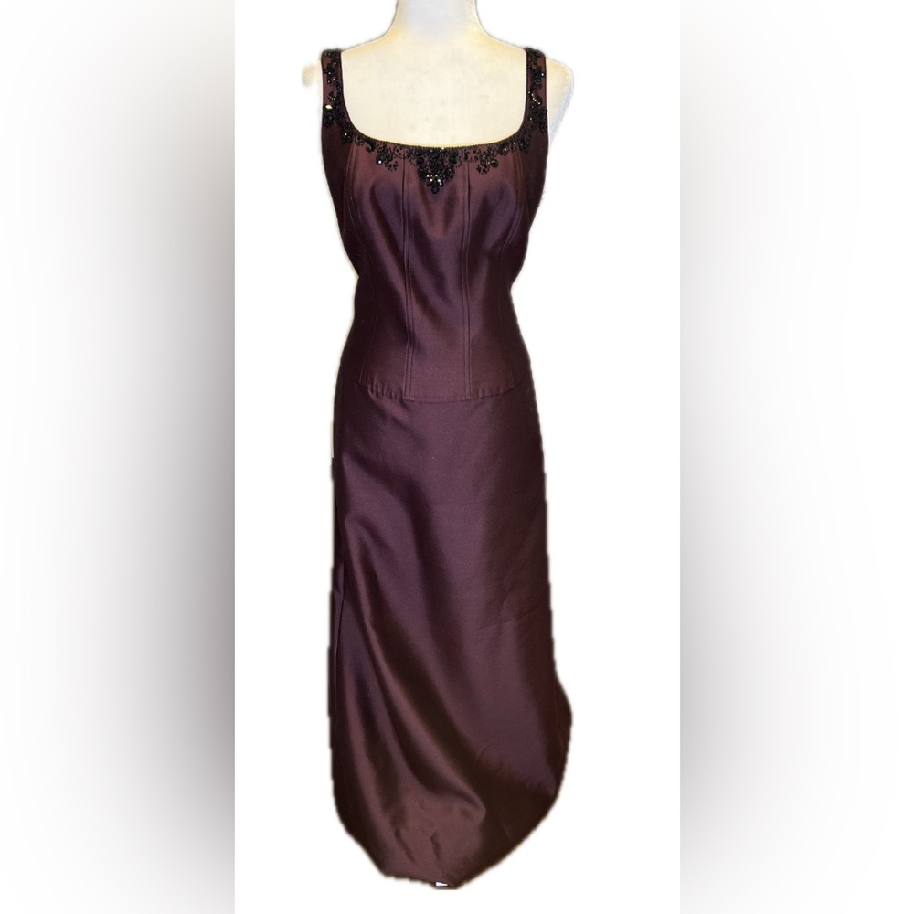 Rickie Freeman Teri Jon Beaded Silk Burgundy Wine Full Length Evening Dress 12 - Picture 4 of 15